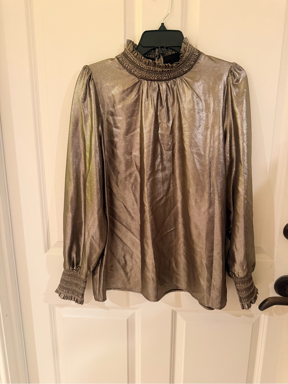Karl Lagerfield Metallic Long-Sleeve Smocked Neck Blouse - Taupe